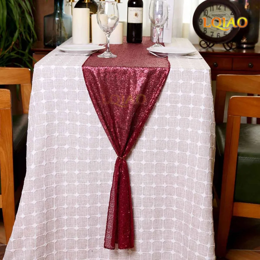 

LQIAO Metallic 14x108in-Sequin Fabric Table Runner Rectangle Tablecloth Christmas/Party/Banquet/Wedding Decor-Matte Burgundy