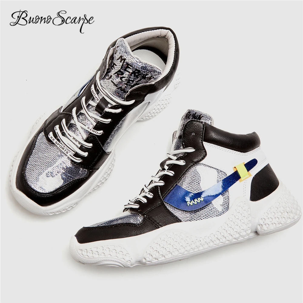 

BuonoScarpe Women's Sneakers Platform Black Shoes High Top Canvas Shoes 2018 Casual Shoes Thick Sole Bottom Wedges Mesh Sneakers