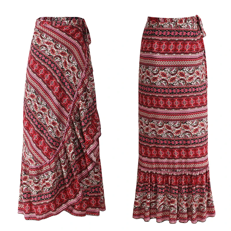 Женская асимметричная юбка Jessie Vinson, свободная пляжная юбка с принтом в богемном стиле, длинная юбка с разрезом и регулируемой талией и запахом, макси-юбка для лета