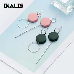 INALIS новые корейские Дизайн S925 стерлингового серебра асимметрия кружок с розовый зеленый дерево серьги для Для женщин Fine Jewelry