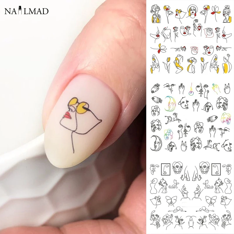 

12patterns/sheet Black Line Coloful Abstract Image Nail Sticker Decals Sexy Girl Water Transfer Slider For Nails Art