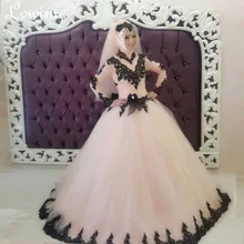 Robe De Mariee Long Sleeves Wedding Dress Hijab Black Appliques Beads Muslim Wedding Dress Colorful Bridal Dresses Casamento