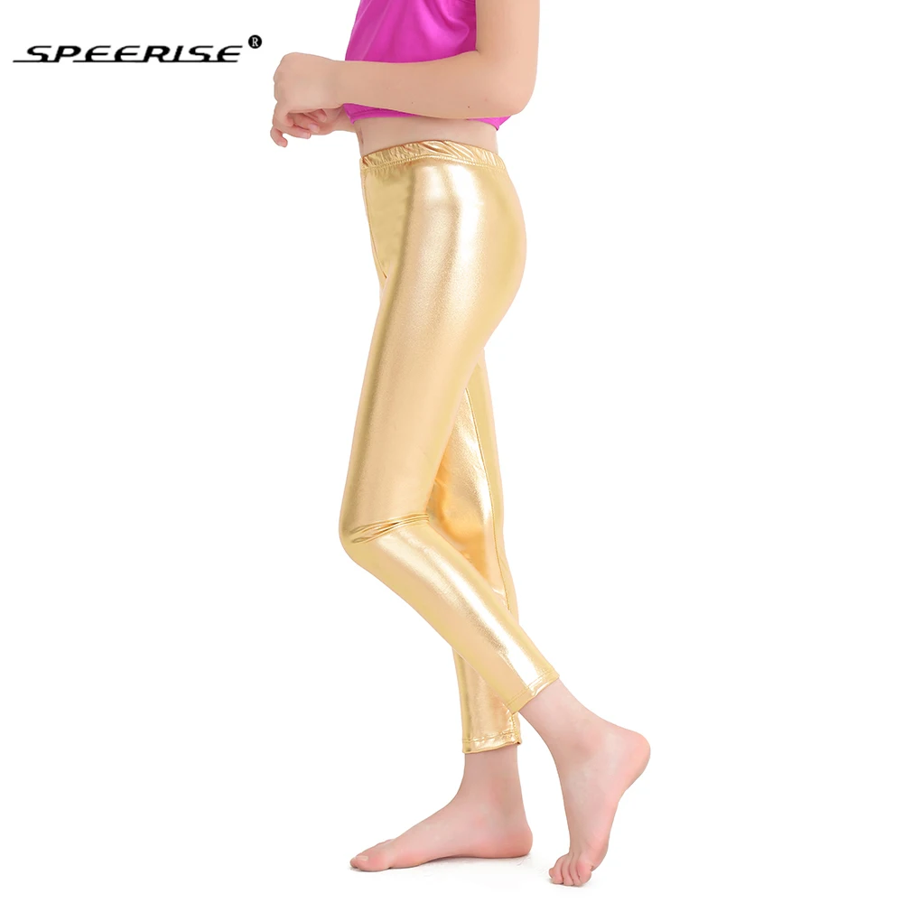 SPEERISE Children Ankle-length Pants Gold Girls Shiny Metallic Lycra Spandex Dance Ballet Silver Leggings Free Shipping