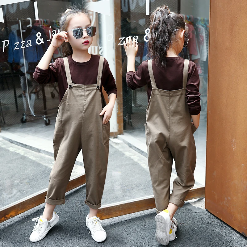 

Baby Girl Clothes Set Teenagers 4 5 6 7 8 9 10 11 12 13 Years Autum Solid Long Sleeve Shirt + Overalls 2pcs Children Clothing