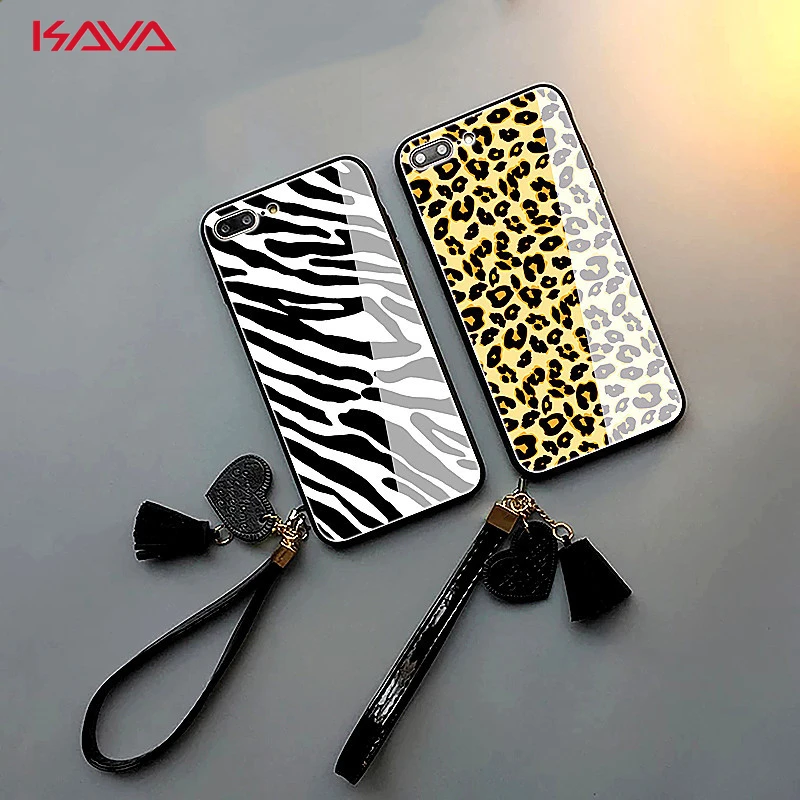 

Fashion Leopard With lanyard Anti-falling Tempered glass Phone Cover Case For Phone 7 8 Plus 6 S Plus X 10 XR XS MAX cases Coque