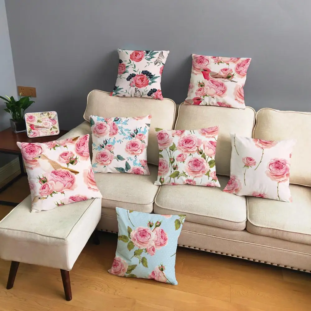 

Nordic Simple style Pink Rose Flower Bird Plush Plant Pillow Case 45x45cm Cartoon Floral Printed Cushion Cover Decor Pillowcases