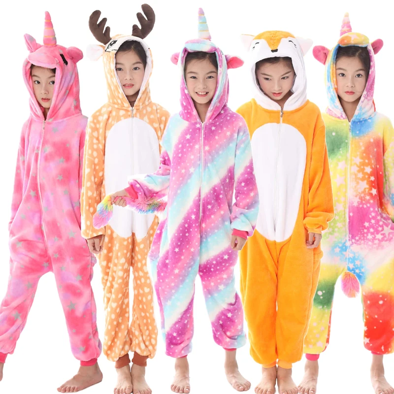Boys Girls Flannel Star Unicorn Pajamas Kigurumi Overalls Jumpsuit Kids Children Giraffe Panda Cosplay Costume Blanket Sleepers
