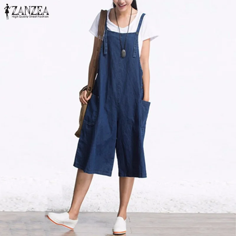 2020 ZANZEA Womens Jumpsuits Denim Blue Retro Rompers Sleeveless Adjustable Strap Pockets Button Wide Leg Calf Length Overall 2020 ZANZEA Womens Jumpsuits Denim Blue Retro Rompers Sleeveless Adjustable Strap Pockets Button Wide Leg Calf Length Overall