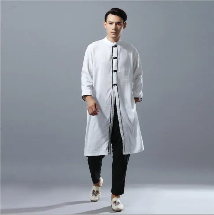 Chinese Ethnic Cotton Flax Comfortable Long Gown Robe Linen Style Men's ...