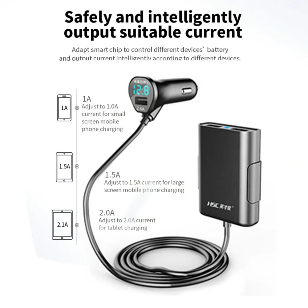 HSC-600D мобильный телефон 3 Порты и разъёмы зарядных порта USB для автомобиля Зарядное устройство удлинитель кабеля Универсальное автомобильное переднее и заднее сиденье Зарядное устройство с Напряжение обнаружения