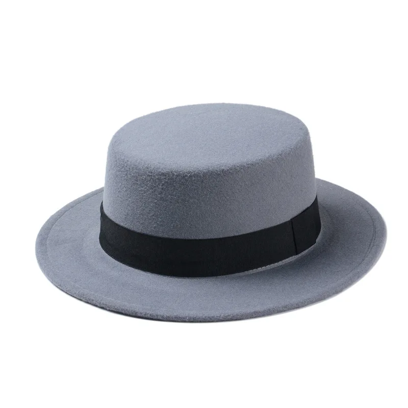 LUCKYLIANJI Vintage Retro Lady Men Women Elegant Wool Felt Flat Dome Oval Top Bowler Porkpie Pork Pie Hat(One Size: 57cm 7 1/8 - Цвет: Серый