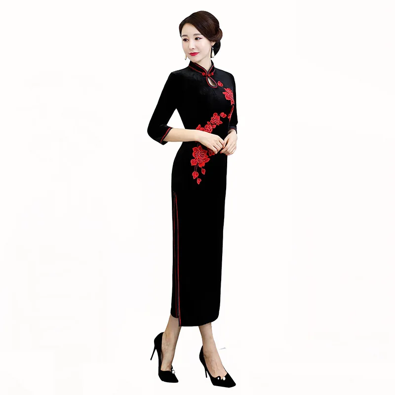 Новое поступление китайский для женщин элегантный подиум вышивка велюр леди Qipao платье Cheongsam сексуальное костюмы L, XL, XXL 3XL 4XL