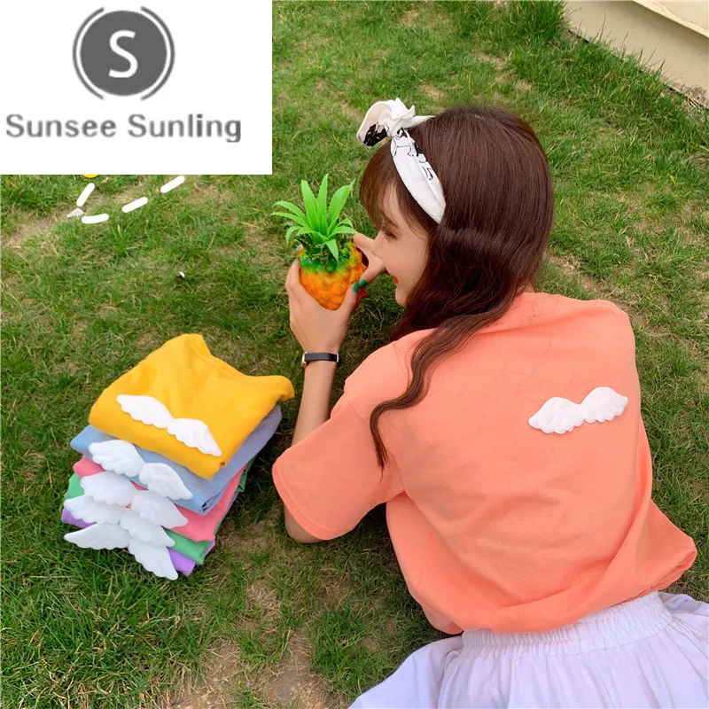 

Angel Wings Women T-shirts Candy Colors Letter Print Female Tees 2019 Summer New Korean Loose Bottoming Tops Camisetas Mujer