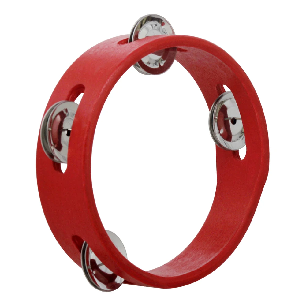 6 Inch Handheld Wooden Tambourine Hand Bell Percussion Musical Toy Single Row Metal Jingles Red for Party Kids Games