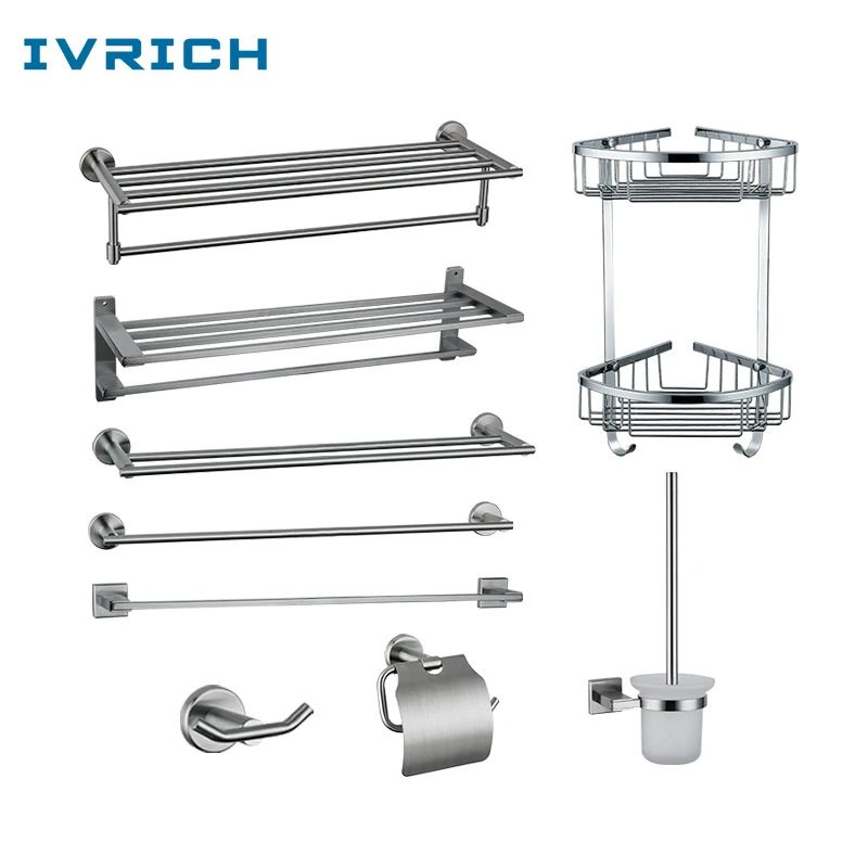 

IVRICH Stainless Steel Bathroom Accessories Towel Rack Net Basket Shelf Hook Toilet Paper Rack Towel Bar SB001