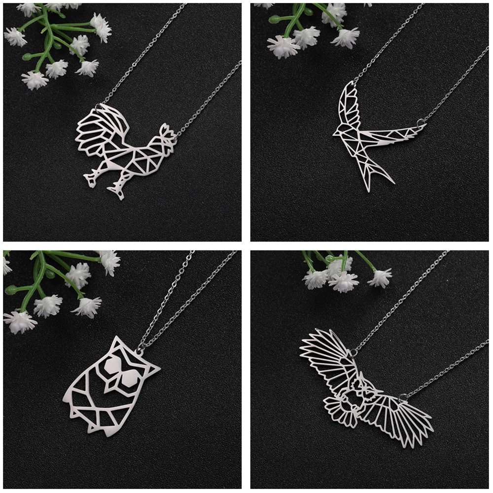 Teamer Stainless Steel Chain Necklace Owl Cock Flamingo Swallow Hollow Geometric Animal Pendant Chokers Female Gifts | Украшения и