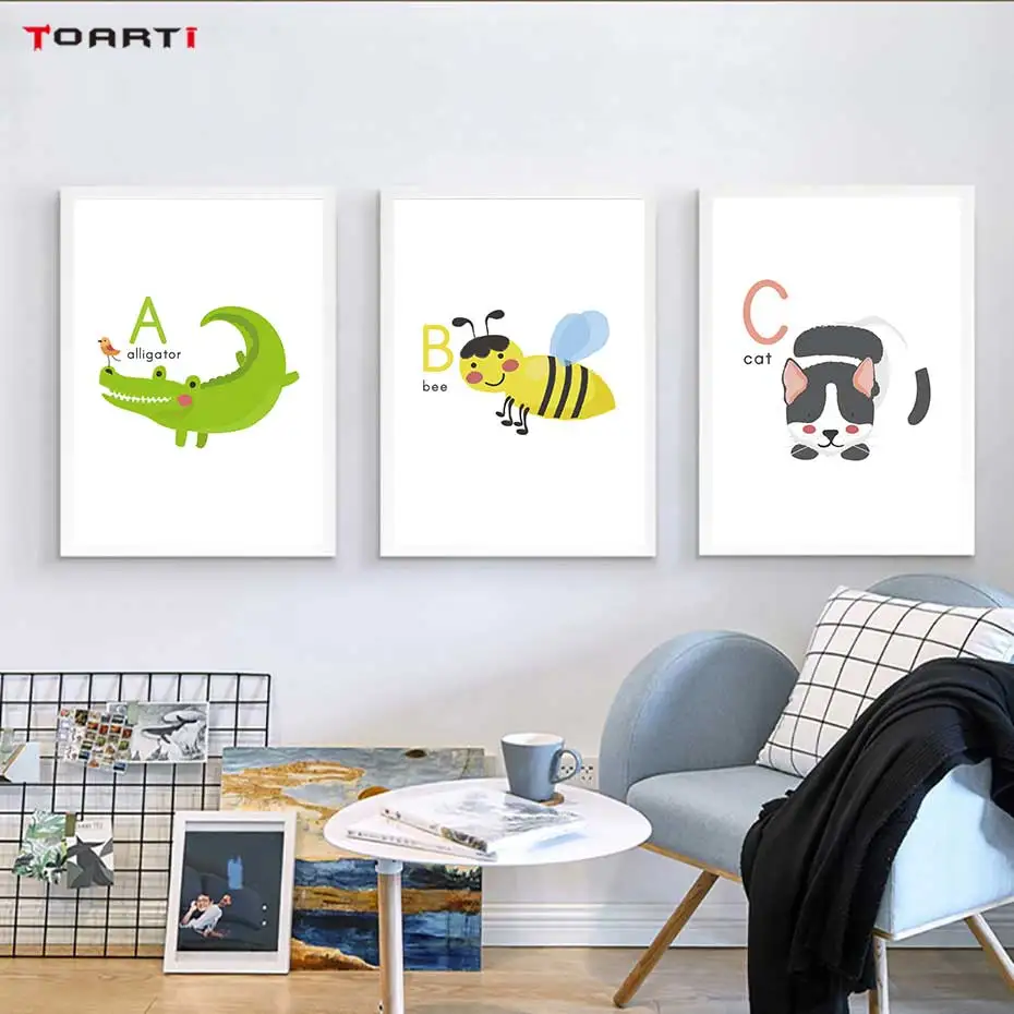 Cartoon Animals Alphabet Prints Posters Alligator Bee Canvas Painting On The Wall Colorful Art Pictures Kids Bedroom Home Decor (3)