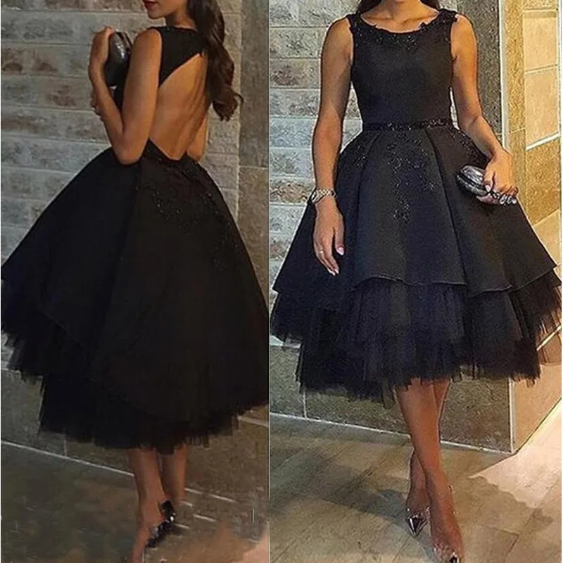 2017 Latest Knee Length Cocktail Dresses Black Organza Tiered Applique