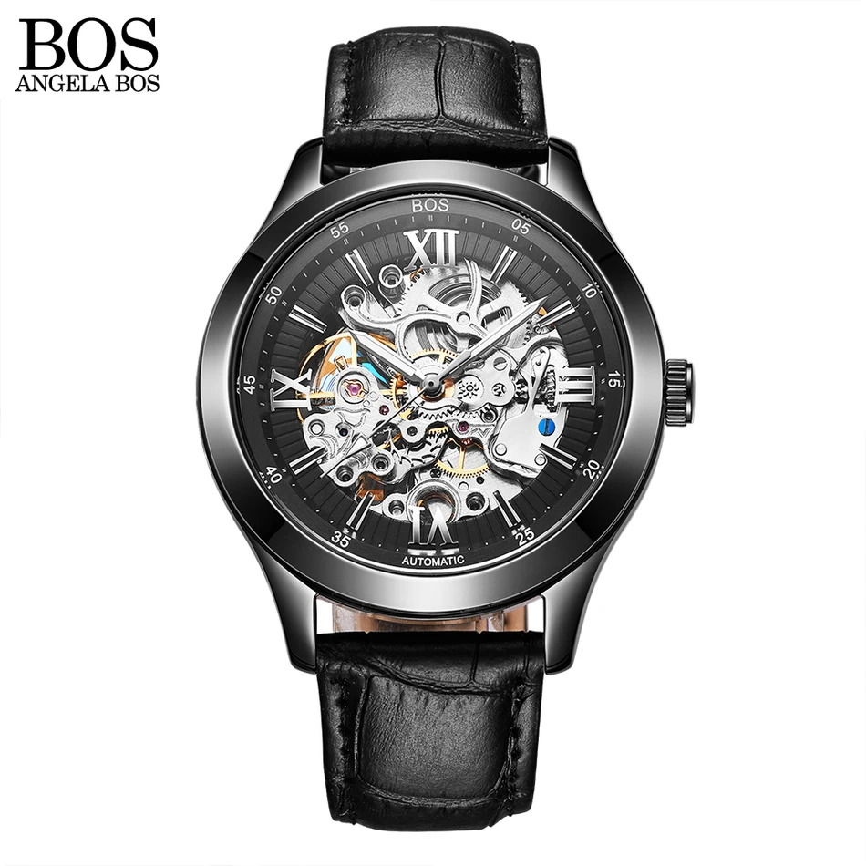 ANGELA BOS Luxury Skeleton Automatic Watch Mens Mechanical Black Stainless Steel Waterproof Watch Men Famous Brand Wristwatch ANGELA BOS Luxury Skeleton Automatic Watch Mens Mechanical Black Stainless Steel Waterproof Watch Men Famous Brand Wristwatch