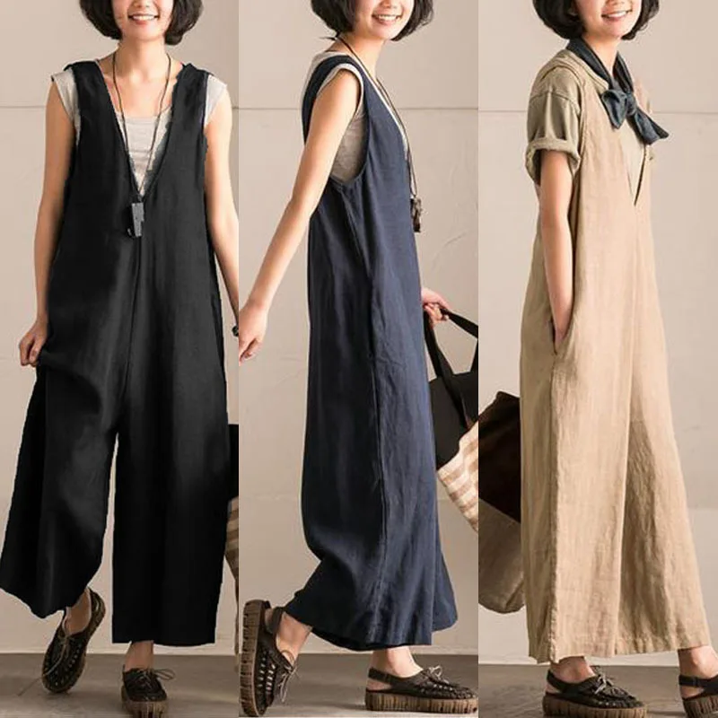 Wide Leg Trousers Women Vintage Overalls Sleeveless Strappy Dungarees Solid Loose Rompers Jumpsuits Pants Plus Size L-5xl Black Wide Leg Trousers Women Vintage Overalls Sleeveless Strappy Dungarees Solid Loose Rompers Jumpsuits Pants Plus Size L-5xl Black