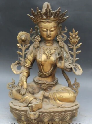 

JP S0132 18"Old Tibet Buddhism Temple Bronze Green Tara KwanYin Bodhisattva Buddha Statue