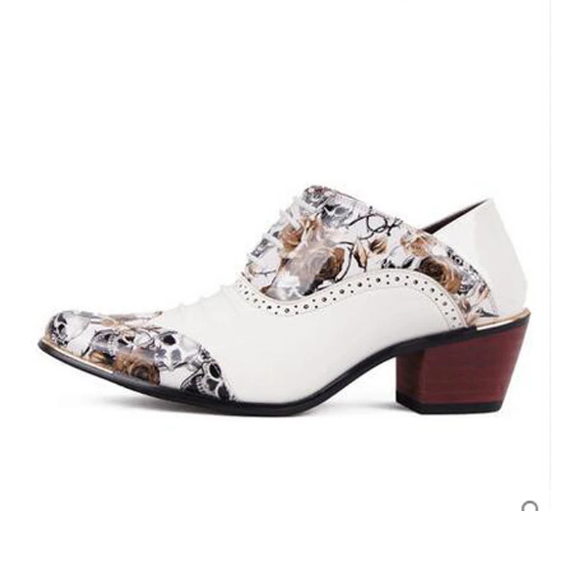 New Fashion High Heel 6cm Patent Leather Pointed Oxfords Shoes Men Skull Pattern Party Wedding Men's Dress Shoes M396