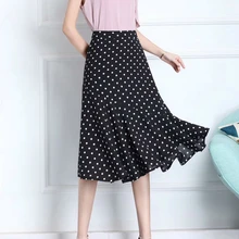 Летние шифоновые юбки в горошек, на молнии, в горошек, с русалочкой, Юбки-миди черного цвета, белая шифоновая юбка с оборками до колена