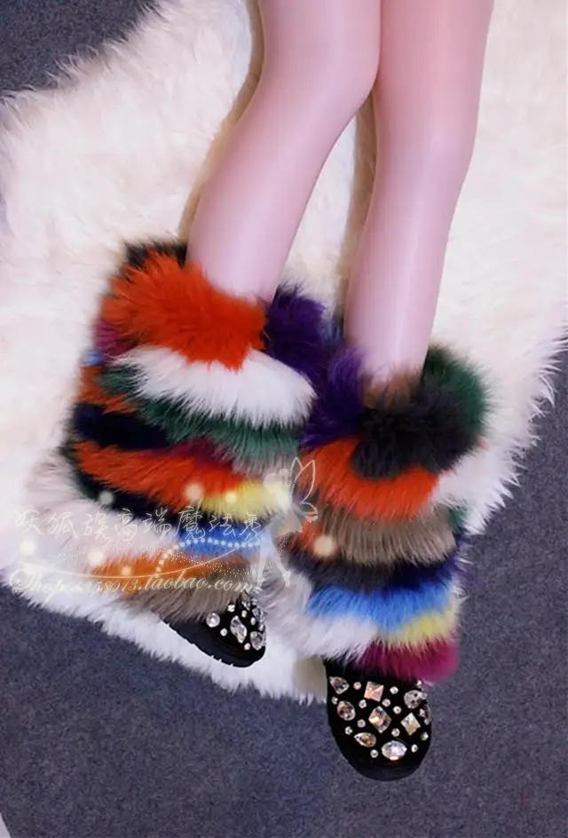 

New Christmas Gifts Flange Christmas Small Heels Ankle Boots Colour Rhinestone Genuine Leather Plush Design Luxurious Boot Women