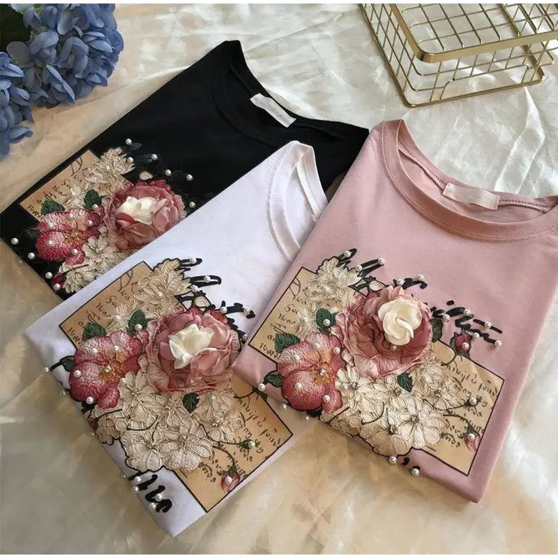 Женские футболки с цветочной аппликацией и жемчужинами, с круглым вырезом, коротким рукавом, 3D бисером,, летние свободные футболки, топы размера плюс