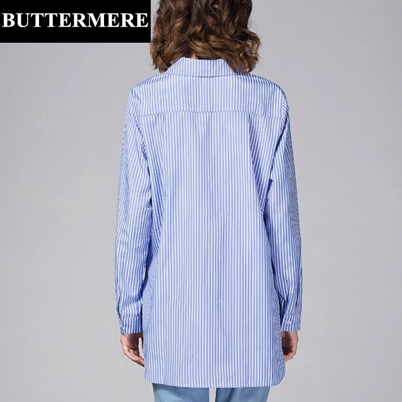  BUTTERMERE Brand Clothing Plus Size Women White Blouse 4XL 5XL Big Size Long Sleeve Blue Striped Sh