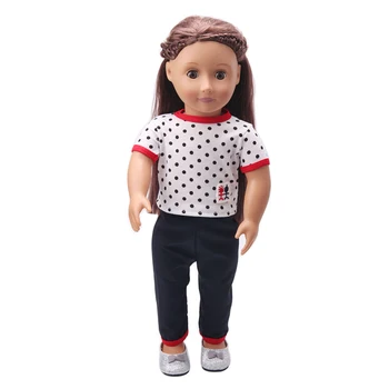 

Doll clothes Polka dot white T-shirt + black pants toy accessories fit 18 inch Girl doll and 43 cm baby doll c176