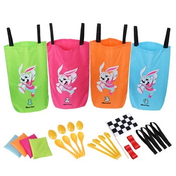 

iBaseToy 27 Pcs/Set Potato Sack Race Game Bags Bunny Jumping Sacks Bean Bags Eggs Spoons Set for Kids Adult Outdoor Playing