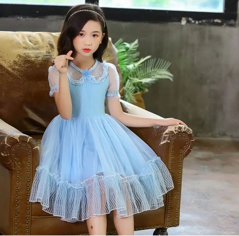 

Princess Dress for Girls Flower lace collar puff sleeve fluffy gauze Birthday Wedding Party Dress Children Clothing 3-12T