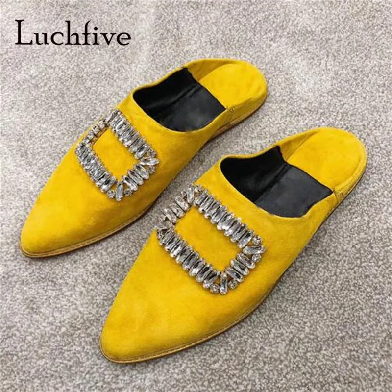

New summer rhinestone women slippers casual pointed toe slip on shallow Shoes Woman comfortable flat slippers black white yellow