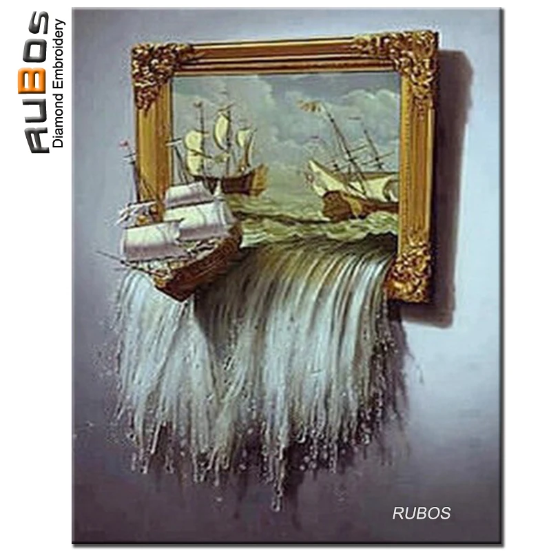 

RUBOS 3D picture boat waterfall 5D DIY diamond mosaic diamond embroidery diamond painting full square mazayka of rhinestone