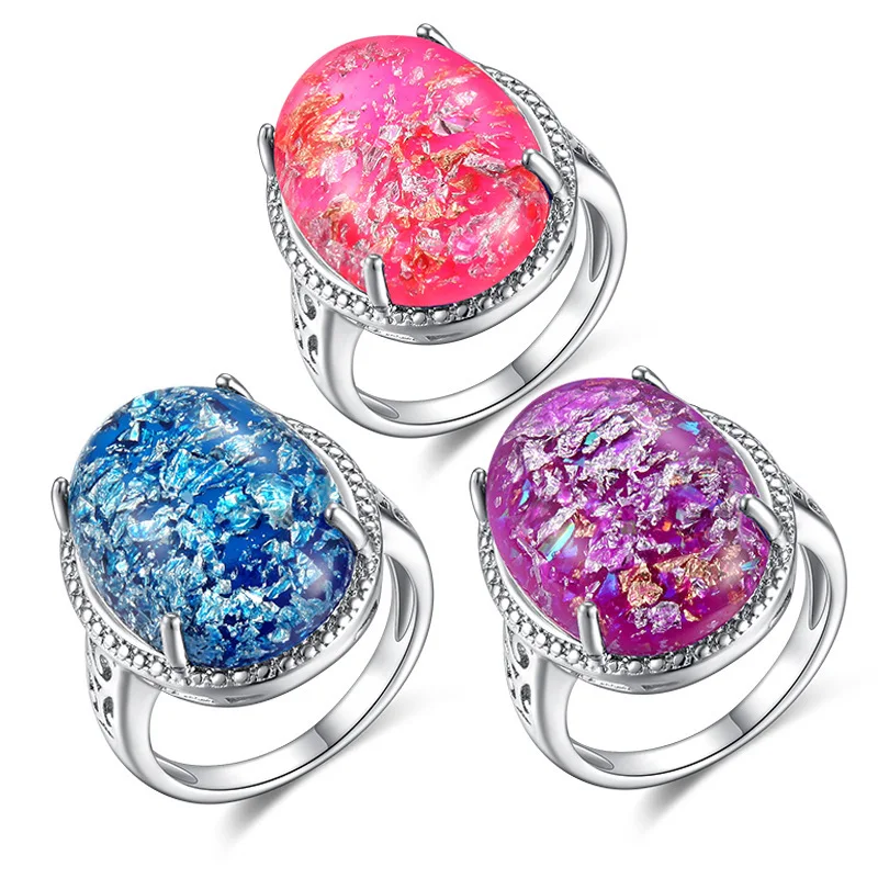 

Colorful Opal Ring Dazzling Full Drill Two-tone Engagement Jewelry Ring Gifts Retro Palace Round Shape Rings for Women Wedding
