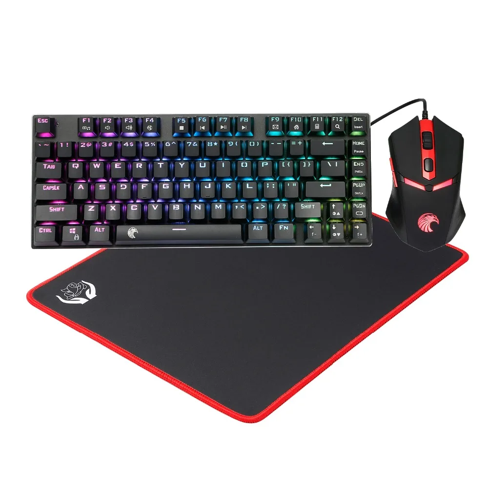 HUO JI Mechanical Keyboard Mouse Mousepad Combo 3 in 1 Blue Switch TKL