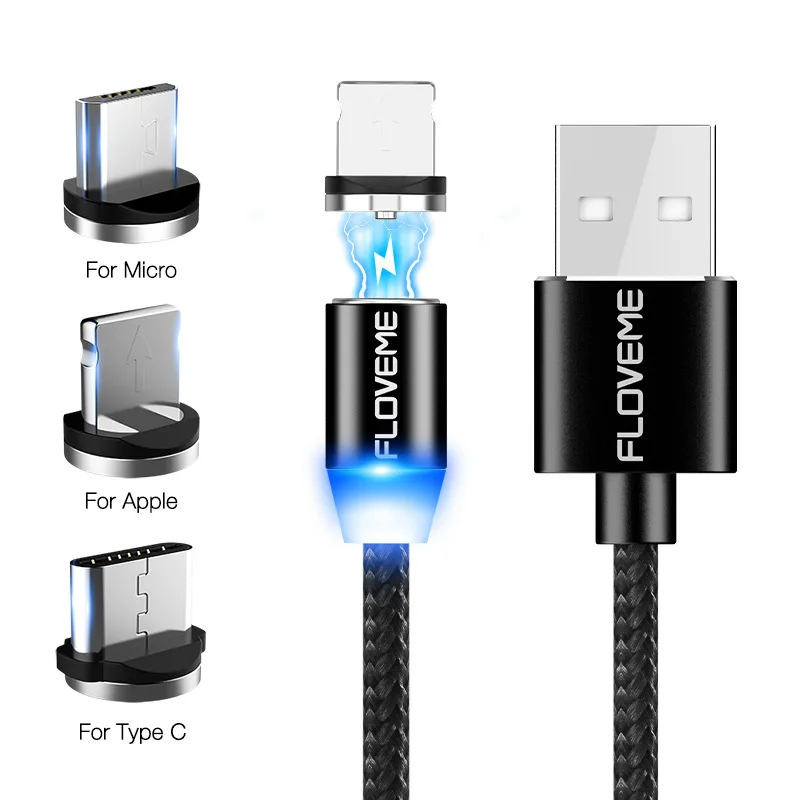 Светодиодный магнитный кабель FLOVEME с 3 разъемами, 1 кабель для телефона Micro usb type C, для iPhone X, Xr, Xs Max, 1 м, 2 м, 2 А, магнитное зарядное устройство для быстрой зарядки - Цвет: 1m cable 3plug Black