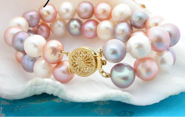

Free shipping >>>>>>z1179 Natural 2strands 11mm round white pink freshwater pearl bracelet