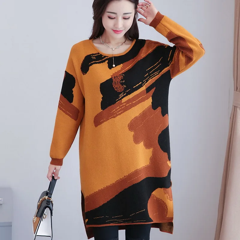 

New 2019 Women's Autumn And Winter Plus Size L-4XL Loose Pullovers Long Sweater Fashion Knitwear Print Bottoming Dress L1585