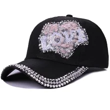 Летняя мода новинка бейсболка женская черная бейсболки для девочек Casquette с козырьком блестки заклепки Bone DAD шляпа