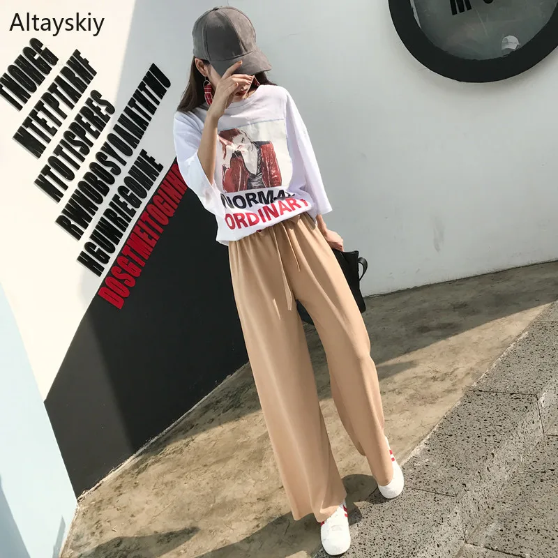 

Pants Women Wide Leg Pants Ulzzang Trousers Loose Elegant Soft Sashes High Waist Womens Solid Summer Breathable Trendy School