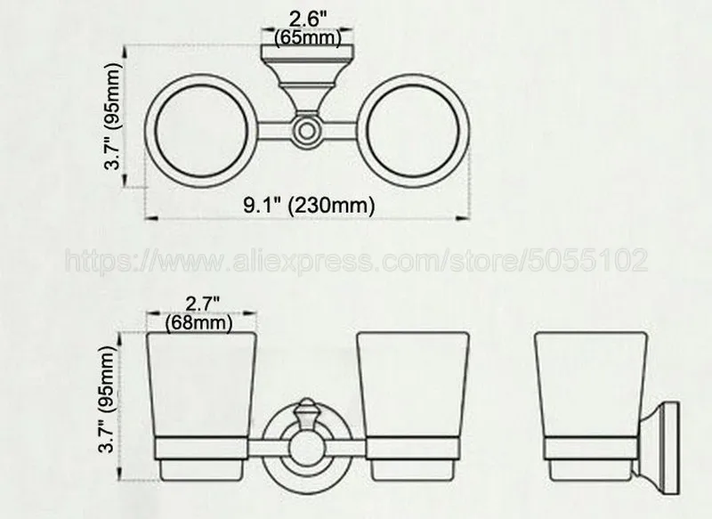 Antique Brass Cup & Tumbler Holders Toothbrush Holder With 2 Glass Cups Wall Mounted Ceramic Bathroom Accessories zba583