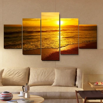 

5 Panels Sea Gold Sunset Painting Beach Seascape Dusk Canvas Painting Wall Art Prints Home Decor Picture For Living Room
