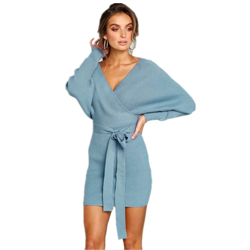 

Lossky Dresses 2019 Autumn Bodycon Dress Women Elegant Long Sleeve Sashes Winter Mini Party Jumper Casual Vintage Sexy Backless