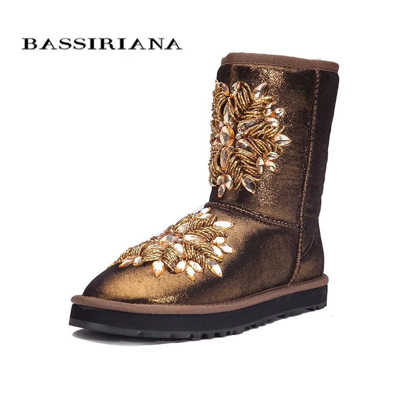 BASSIRIANA Women S Fashion Blue Sheepskin Snow Boots With Crystal Decoration Free Shipping