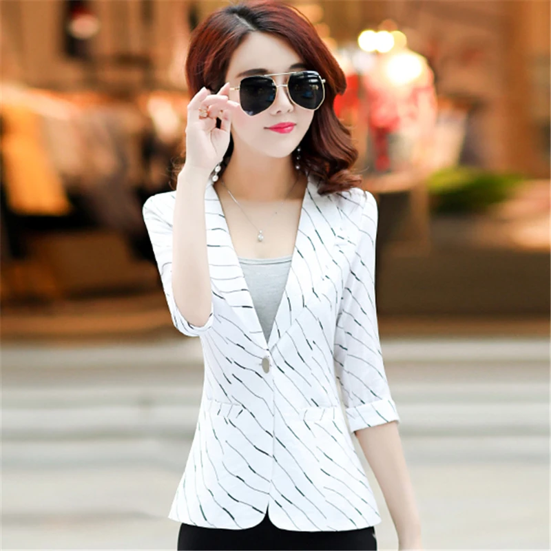 

Seven-point sleeves striped small Suit Women Short Coat 2019 Spring Summer New Korean self-cultivation Casual Suit Jacket W033