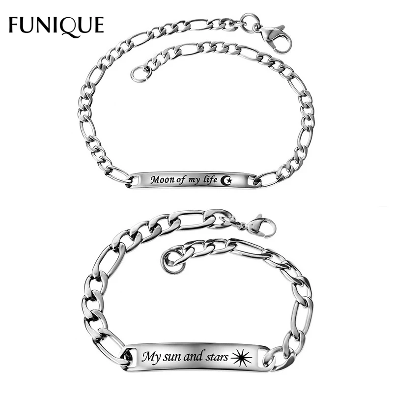 

FUNIQUE Women Men Couple Tag ID Carved Stainless Steel Bracelet Letter Heart Multi Pattern Silver Color Link Chain Bracelet 2PCs