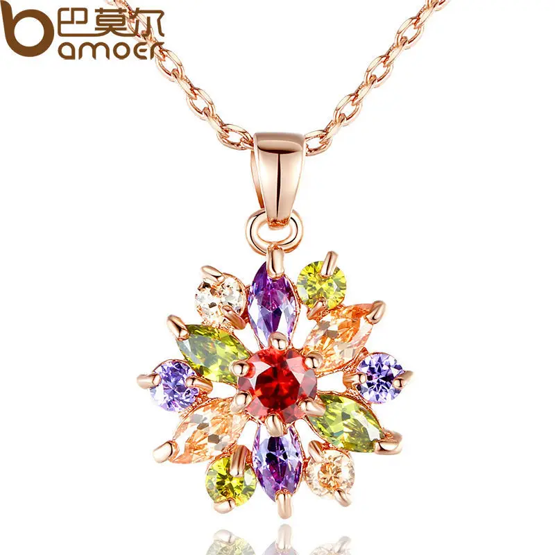 18K Rose Gold Plated Multi-Color Zircon Flower Pendant Necklace For Women Gift