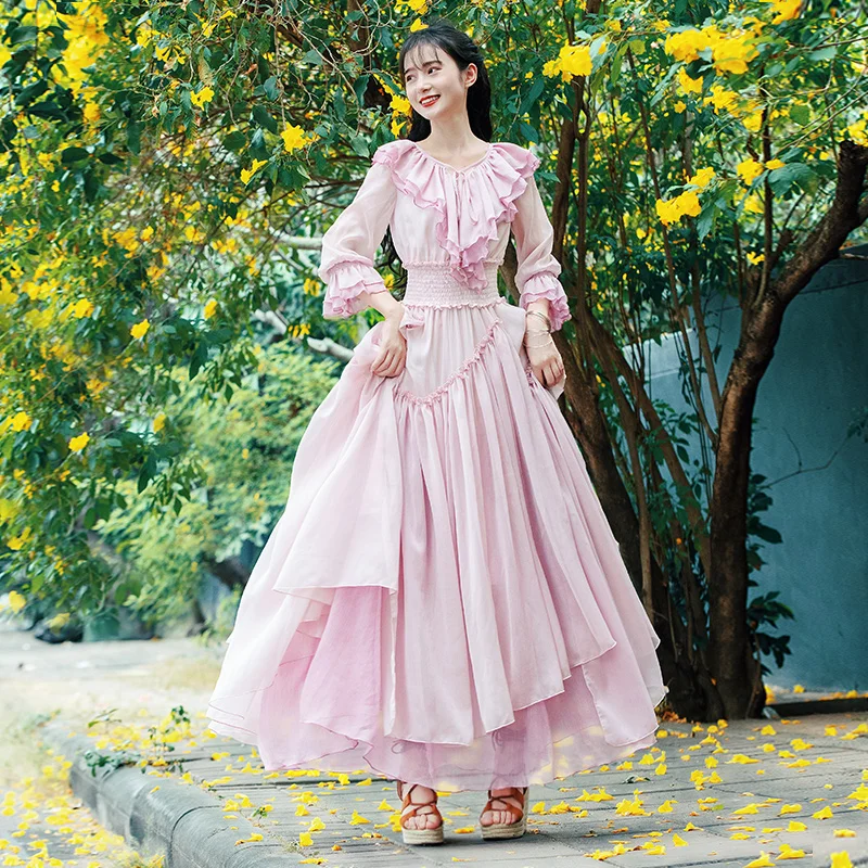 

Free Shiping Boshow 2019 New Fashion Women Long Maxi Ruffles Three Quater Sleeve Spring Autumn Bohemian Chiffon S-L Dresses